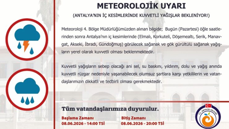 Antalya’nın İç Kesimleri İçin Kuvvetli Yağış Uyarısı